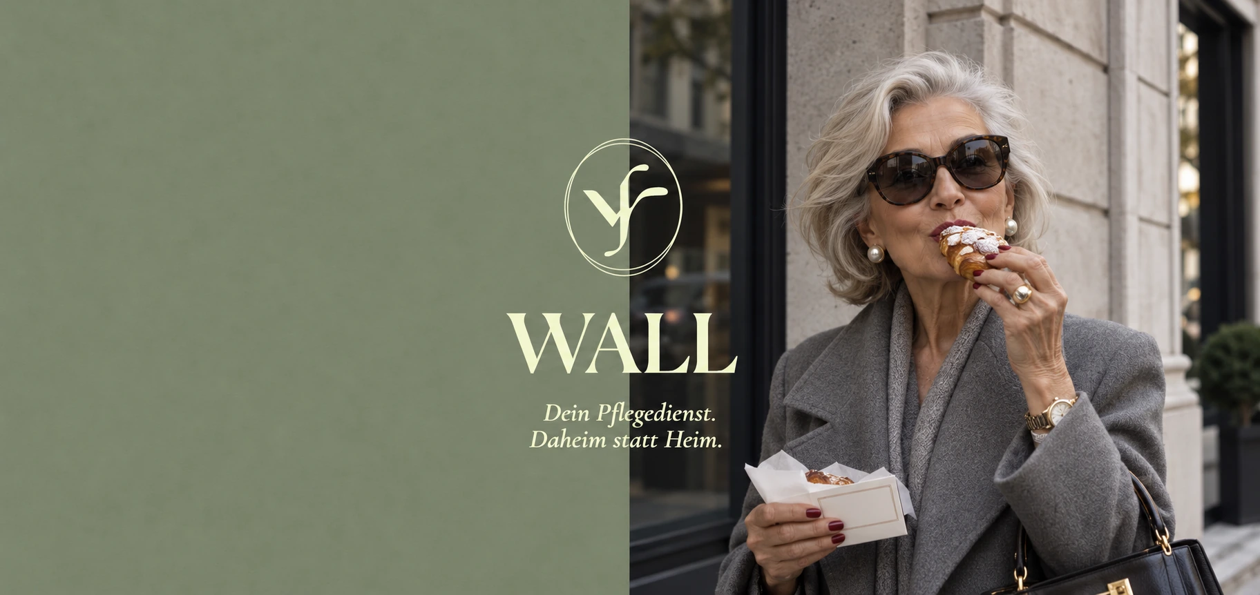 Pflegedienst WALL: elegante Dame mit Gebäck vor dem WALL-Logo, die Marke als Lebensgefühl