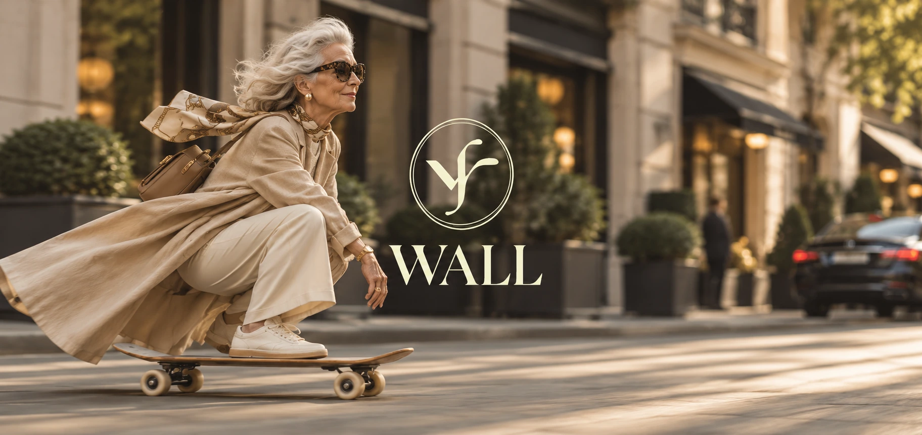 Pflegedienst WALL: elegante Dame auf dem Longboard in einer Einkaufsstraße, WALL-Logo im Bild